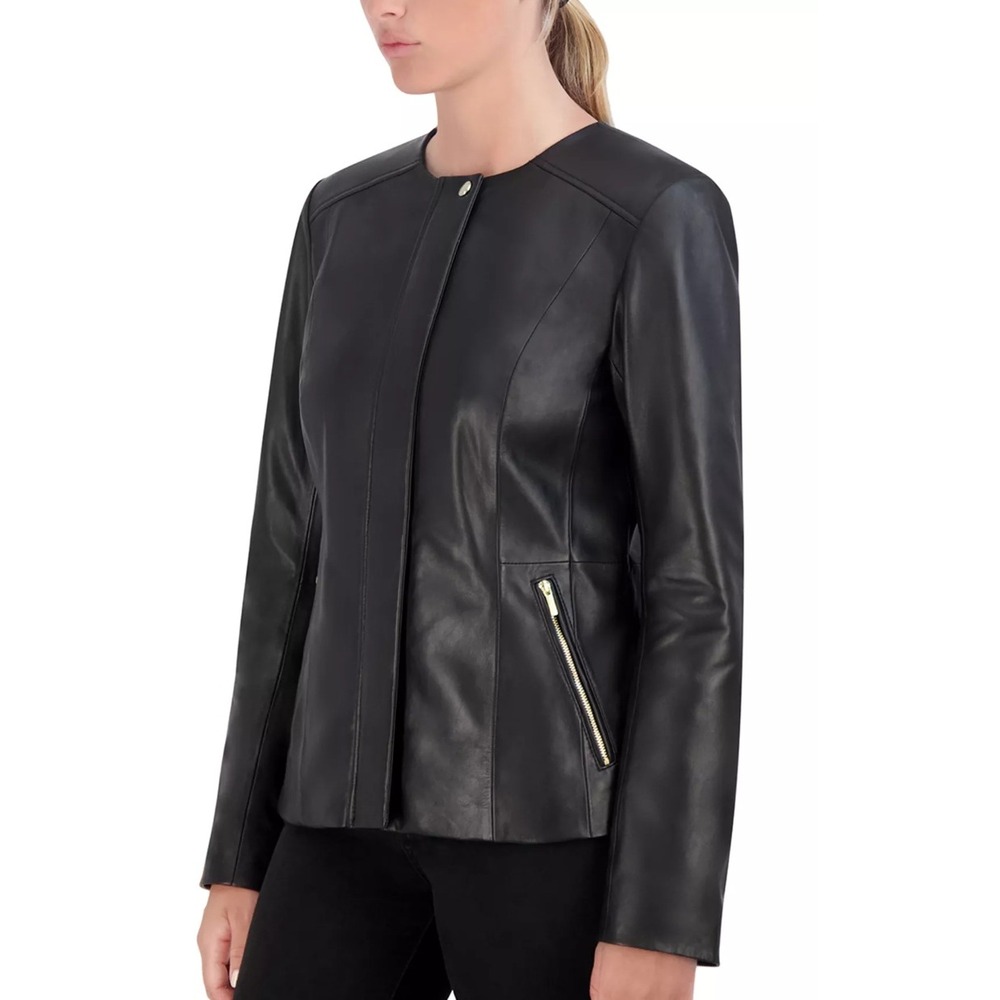 NWOT Cole Haan Lamb Skin Black‎ Leather Collarless Jacket Gold Hardware Size SP